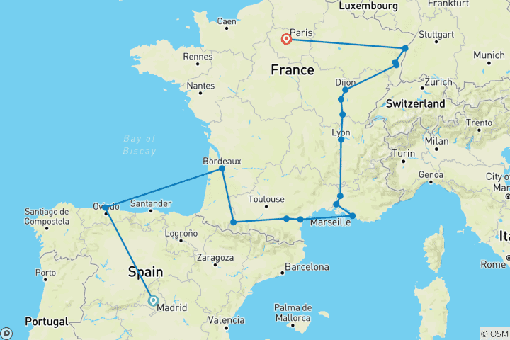 Carte du circuit Espagne, sud de la France, Bourgogne et Alsace (17 destinations)