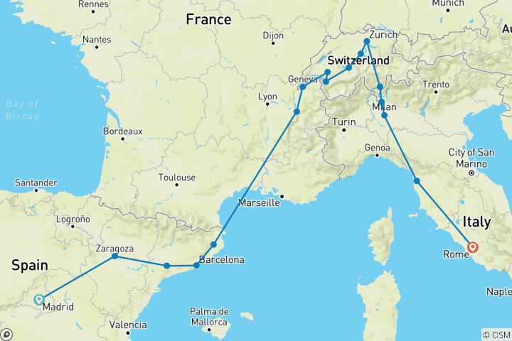 Carte du circuit De Madrid à Rome (including Bellinzona)