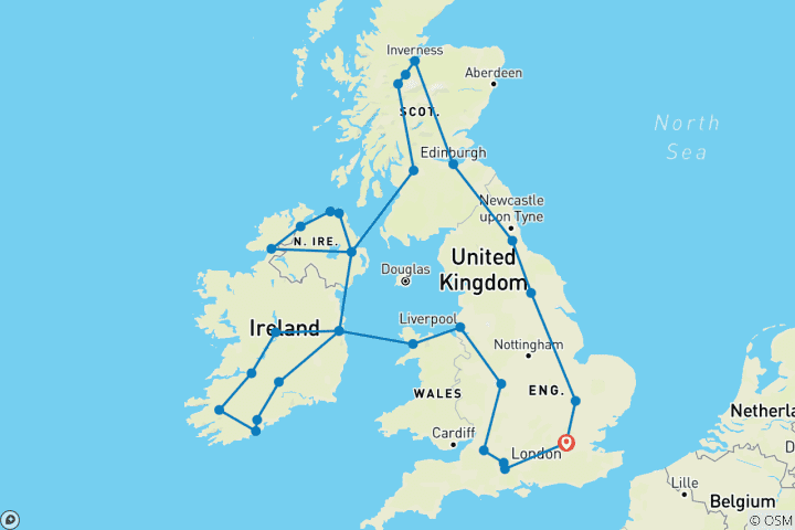 Carte du circuit Histoires et légendes : Royaume-Uni, Écosse et Irlande avec Londres (36 destinations)