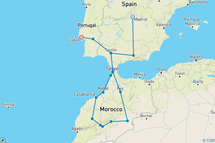 Map of Madrid, Andalusia, Morocco and Lisbon (17 destinations)