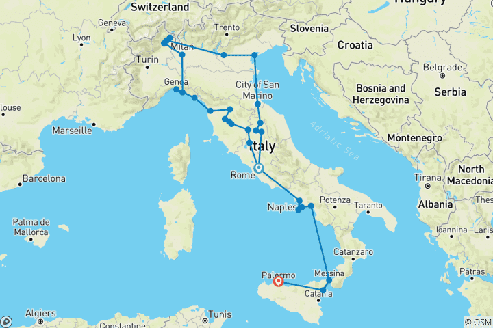 Carte du circuit Tutta Italia avec la magnifique Campanie et la Sicile