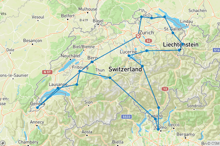 Map of Switzerland (20 destinations)