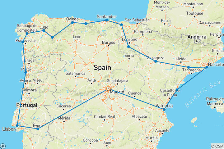 Kaart van De Iberische rondreis (19 bestemmingen)