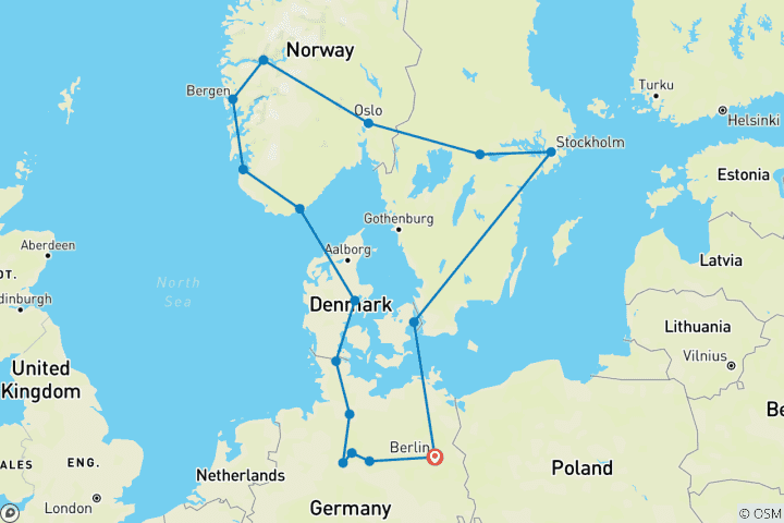 Carte du circuit Allemagne du Nord et Scandinavie avec Berlin (16 destinations)