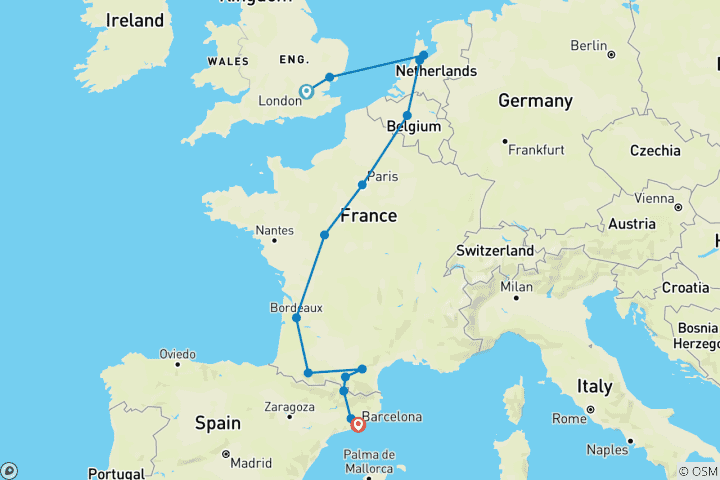 Carte du circuit Voyage remarquable fin Barcelone (14 destinations)