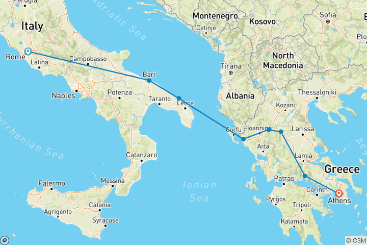 Carte du circuit Rome, les Pouilles et les Météores (8 destinations)