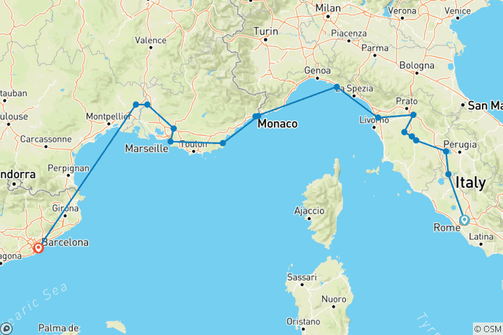 Kaart van Reis naar Rome, Toscane, de Côte d Azur, de Provence & Barcelona (17 bestemmingen)