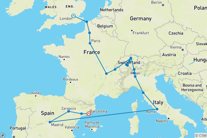 Carte du circuit L'Europe spectaculaire avec Barcelone (20 destinations)