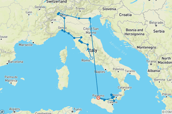 Carte du circuit Tutta Italia et la Sicile avec les îles Éoliennes