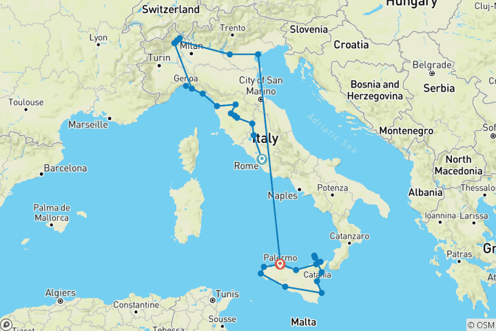 Carte du circuit Tutta Italia vers la Sicile en avion et les îles éoliennes