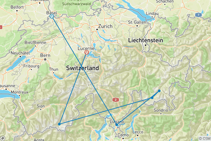 Carte du circuit Voyage en train Panorama des Alpes, y compris les trains Glacier et Bernina Express