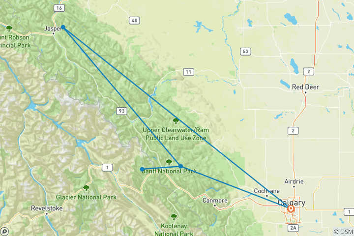 Kaart van Canadese Rockies Express: 6-daags avontuur