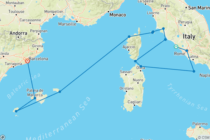 Karte von Idyllische Inseln im Mittelmeer12 Tage (von Civitavecchia bis Barcelona)