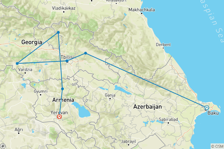 Carte du circuit Premium Azerbaïdjan, Géorgie et Arménie (from Bakou to Erevan)