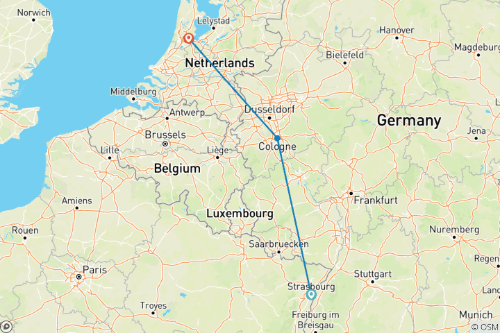 Carte du circuit Croisière du Nouvel An : Etincelles et lumières sur le Rhin - Entre Strasbourg et Amsterdam, célébrez le passage à la nouvelle année dans un cadre magique.