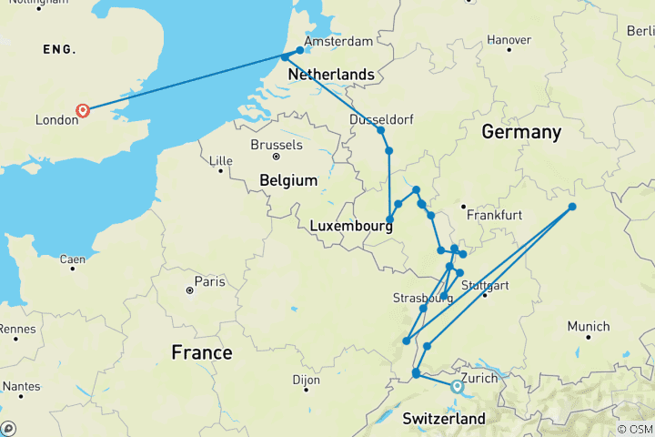 Kaart van Tulpen & de Rijn & Londen 2027 – 11 dagen (24 bestemmingen)