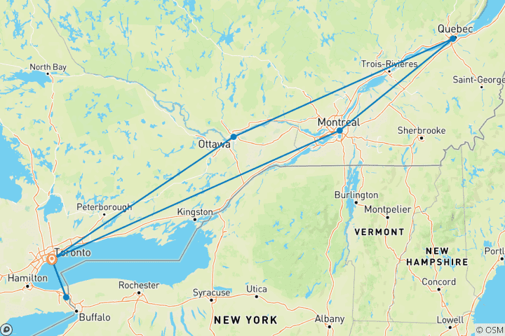 Carte du circuit Sentiers de l'Est canadien au départ de Toronto