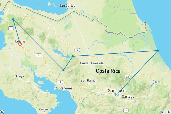 Map of Customized 11 Days Costa Rica Private Guided Tour for Nature Lover, Daily Start