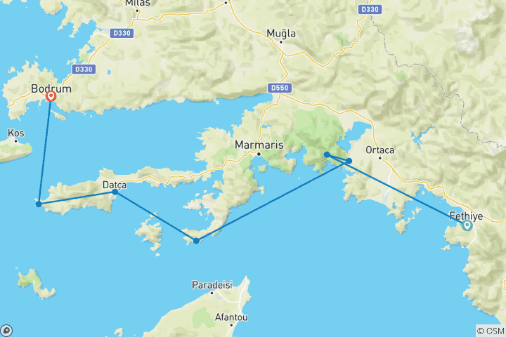 Carte du circuit Fethiye - Datca - Bodrum Croisière en goélette de luxe