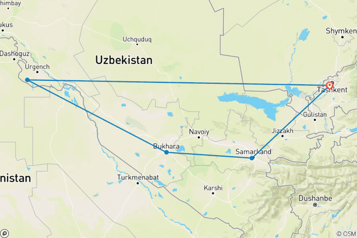 Map of Timeless Legend, Uzbekistan 7-day tour