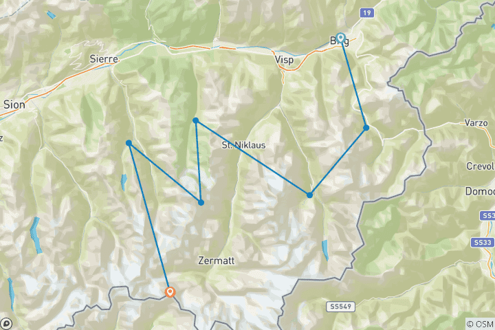 Map of Alpine Passes Trail: Binntal - Grimentz (10 Days)
