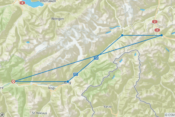 Map of Hidden treasures in the Upper Valais: the most beautiful road bike routes in the Valais Alps (8 Days)