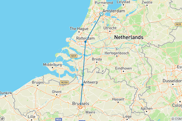 Carte du circuit Les trésors du Nord à travers la Hollande et la Belgique (croisière de port à port)