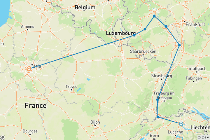 Carte du circuit Scenic Rhine, Paris & the Swiss Alps (2027) (Zurich to Paris, 2027)