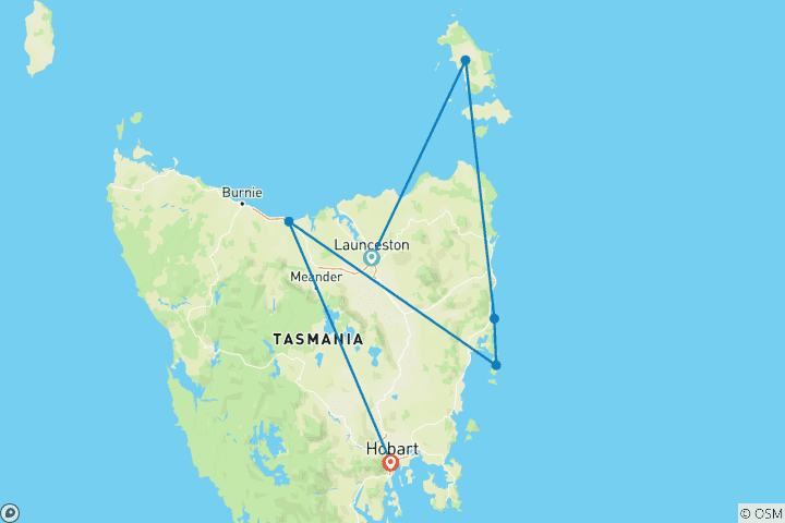 Carte du circuit Exploration de la Tasmanie et de l'île Flinders (petit groupe, fin à Hobart)