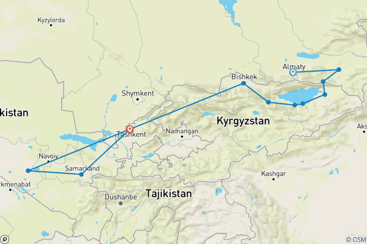 Carte du circuit À travers les steppes et la route de la soie, circuit de 13 jours de 3Stans
