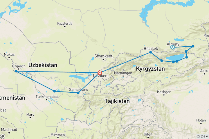 Carte du circuit À travers les steppes et la route de la soie, circuit de 14 jours de 3Stans