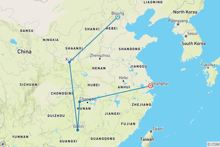 Carte du circuit Circuit privé de 14 jours en Chine : Pékin-Xi'an-Guilin-Zhangjiajie-Shanghai