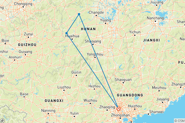 Kaart van 4-Daagse PRI Tour naar Zhangjiajie en de oude stad Fenghuang vanuit Guangzhou met de Bullet Train