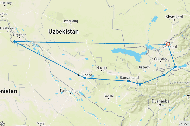 Map of Jewels of the Silk Road, Uzbekistan&Tajikistan 11-day tour