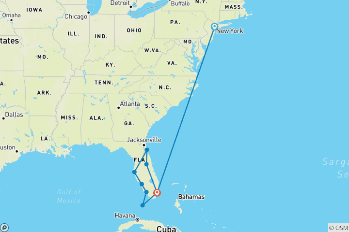 Carte du circuit Manhattan Express & Florida Sunshine State avec séjour balnéaire (version supérieure, Ocean View)