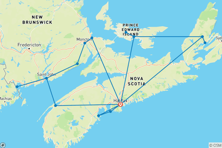 Kaart van Atlantisch Canada (groepsreis)