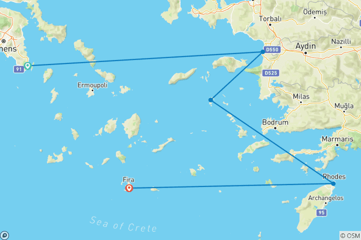 Carte du circuit Croisière de 5 jours vers Mykonos, Santorin, Rhodes, Patmos et Kusadasi (Turquie) au départ d'Athènes