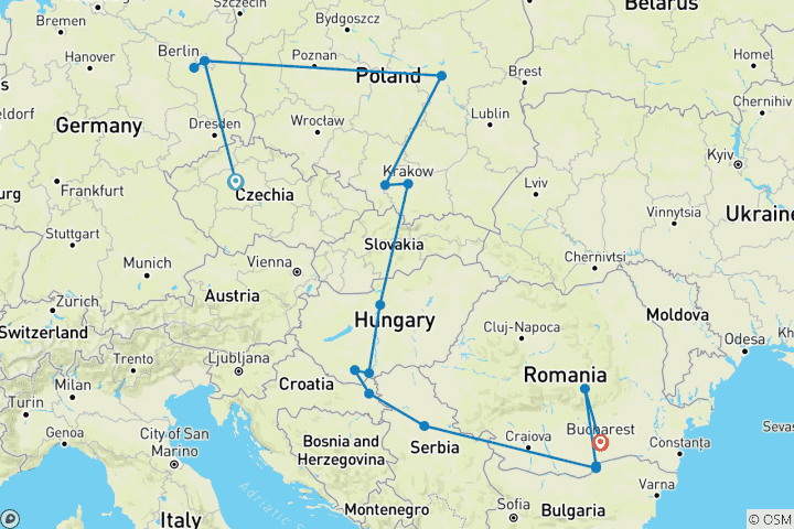 Map of Eastern Europe with Balkan Adventure and Transylvania Prague → Bucharest (2027)