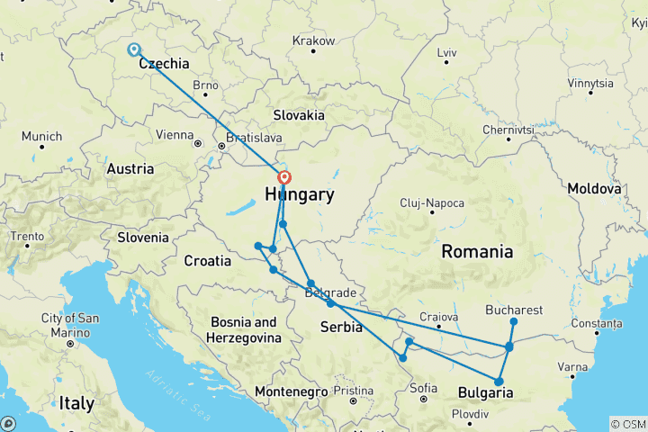 Carte du circuit Le meilleur des Balkans avec Prague Prague → Budapest (2027)