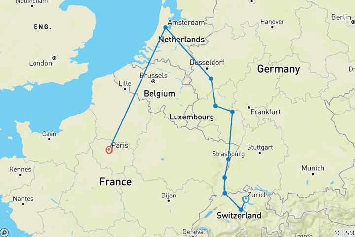 Carte du circuit Le Rhin et la Moselle avec Paris, Lucerne et Zurich Zurich → Paris (2027)