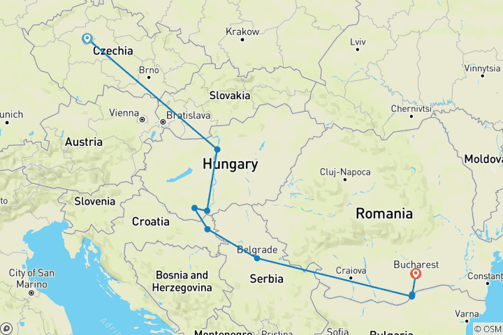 Carte du circuit Aventure dans les Balkans avec Prague Prague → Bucarest (2027)