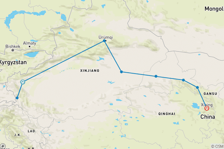Karte von 13 Tage Kleingruppen-Tour zu den Höhepunkten der Seidenstraße Abenteuerreise durch Nordwestchina (max. 20 Teilnehmer)