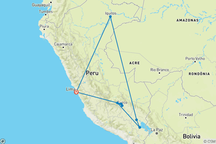 Mapa de Lo mejor de Perú con complemento del Río Amazonas (8 destinations)