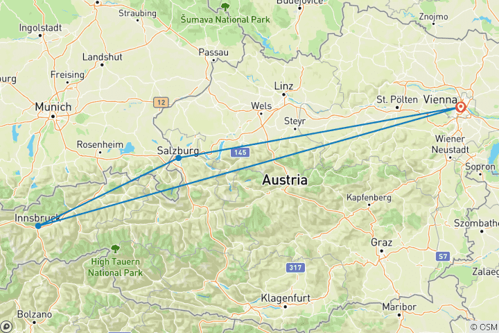 Carte du circuit L'Autriche en une semaine (Vienne, Salzbourg et Innsbruck) - avec départ et arrivée à Vienne