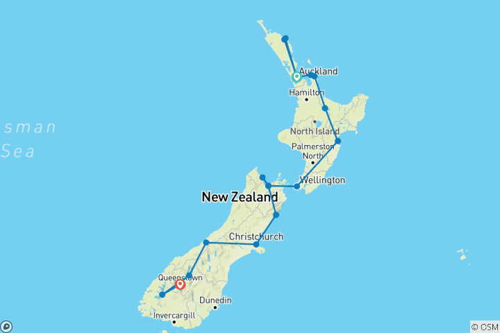 Carte du circuit Merveilles de Nouvelle-Zélande - 20 jours