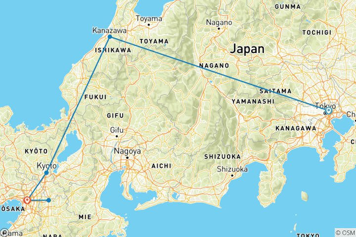 Kaart van 14-daagse Culturele Odyssee: Tokio, Kanazawa, Kyoto en Osaka