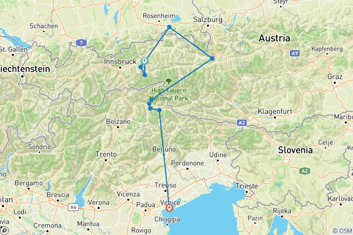 Karte von Teil 2 der Wandertrilogie München - Venedig: Vom Zillertal nach Cortina mit CHARME