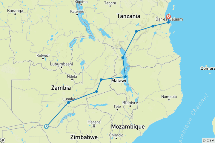 Map of Vic Falls to Zanzibar (from Victoria Falls to Stonetown)