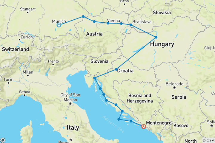 Karte von Juwelen der Adria und der Donau München bis Dubrovnik 2027 16 Tage) 2027)