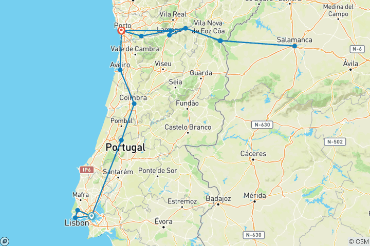 Carte du circuit Essence du Portugal et découverte du Douro Lisbonne → Porto (2027)